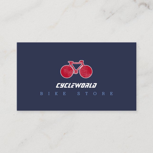 blue cycle store business card with red bicycle (Front)