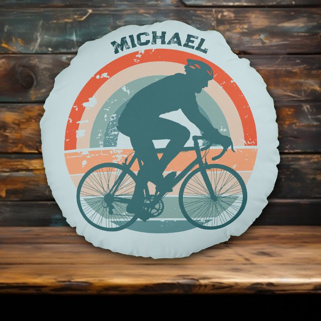 Blue Cyclist Retro Rainbow Round Pillow (Creator Uploaded)