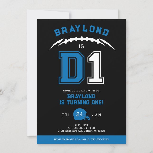 Blue D1 American Football First Birthday Invitation (Front)