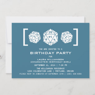 Blue D20 Dice Gamer Birthday Party Invite