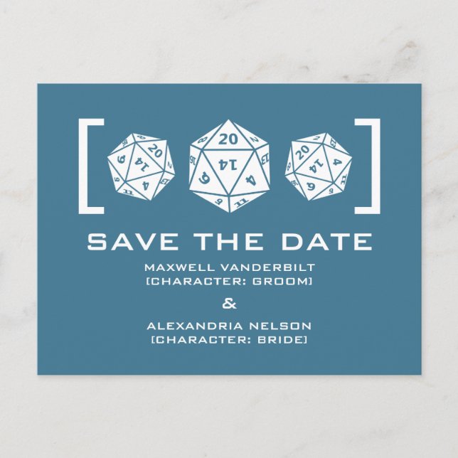 Blue D20 Dice Gamer Save the Date Postcard (Front)