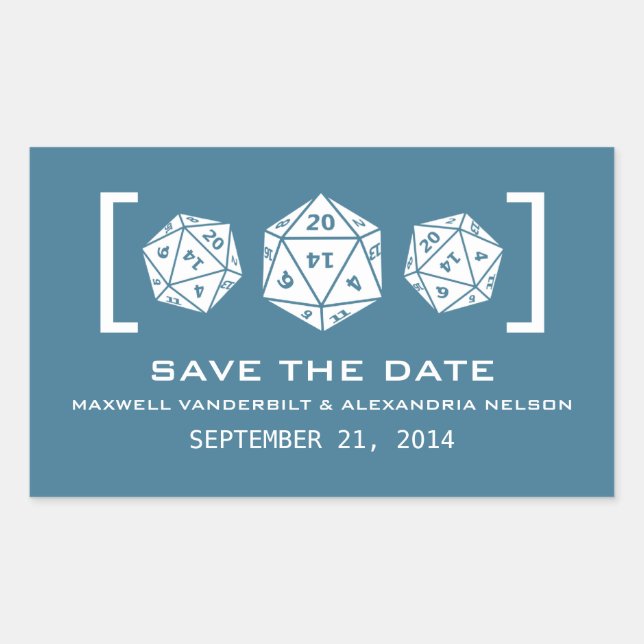 Blue D20 Dice Gamer Save the Date Stickers (Front)