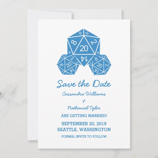 Blue D20 Dice Save the Date Invite (Front)