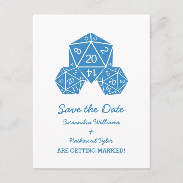 Blue D20 Dice Save the Date Postcard (Front)