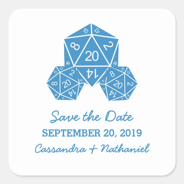 Blue D20 Dice Save the Date Stickers (Front)