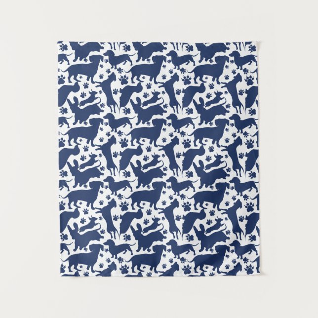 Blue Dachshund Pattern Throw Pillow Tapestry (Front)