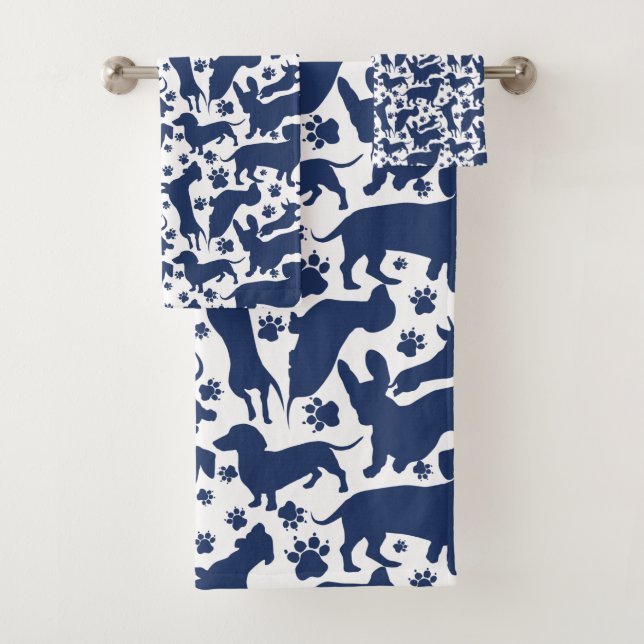 Blue Dachshund Pattern Throw Pillow Tapestry Bath Towel Set (Insitu)