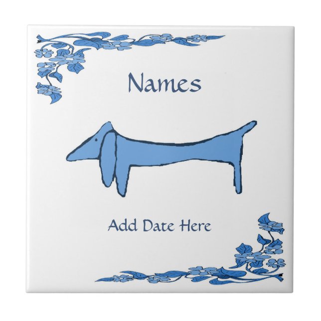 Blue Dachshund  Tile, Dutch Look, Personalize Ceramic Tile (Front)