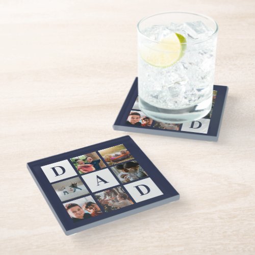 Blue Dad Colorblock Six Photo Collage Personalized Glass Coaster