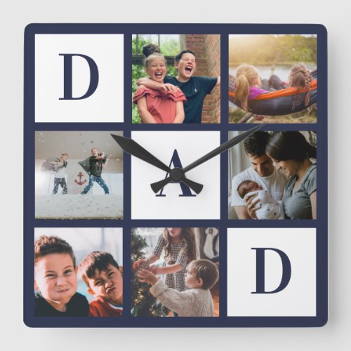 Blue Dad Colorblock Six Photo Collage Personalized Square Wall Clock