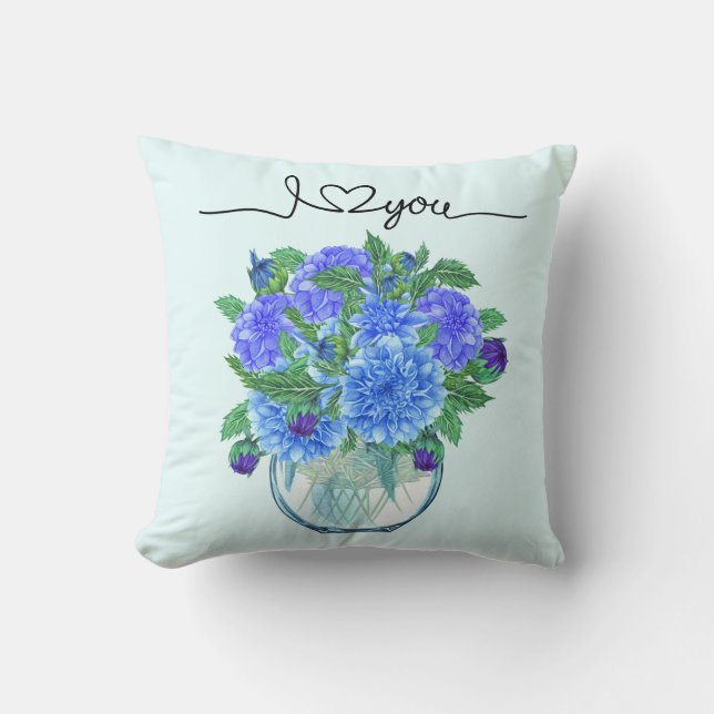 Blue Dahlia Bouquet Pillow (Front)