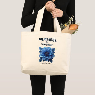   BLUE DAHLIA FLORAL NATURAL COTTON SPRING BEACH LARGE TOTE BAG