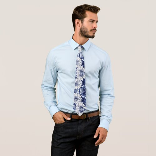 Blue Dahlia Floral Pattern 1 Neck Tie