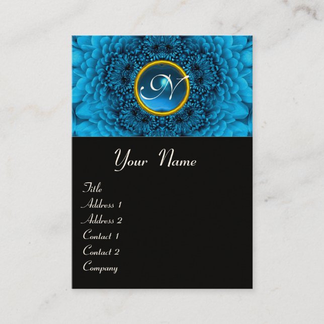 BLUE DAHLIA FLOWER PETALS SAPPHIRE GEM MONOGRAM, BUSINESS CARD (Front)