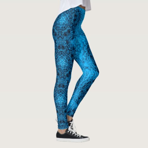 BLUE  DAHLIA FLOWERS Abstract Floral Leggings