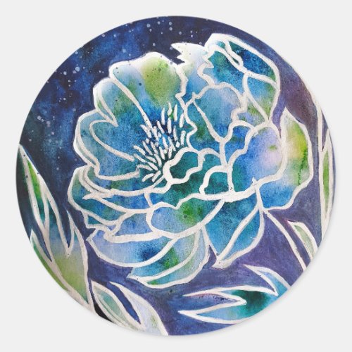 Blue Dahlia Handmade Navy Teal Floral Watercolor  Classic Round Sticker