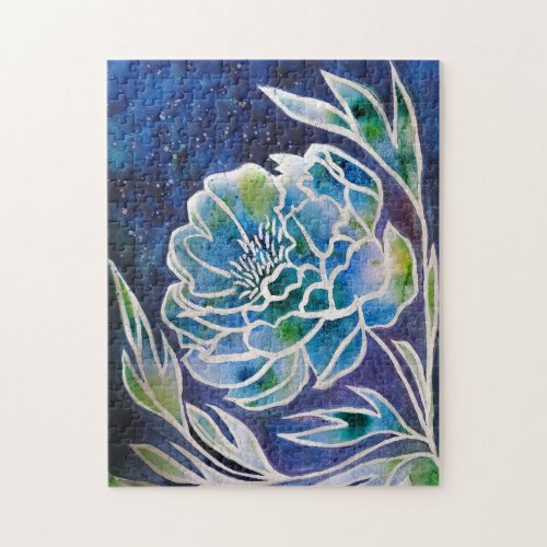  Blue Dahlia Handmade Navy Teal Floral Watercolor  Jigsaw Puzzle