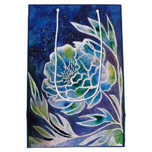 Blue Dahlia Handmade Navy Teal Floral Watercolor Medium Gift Bag