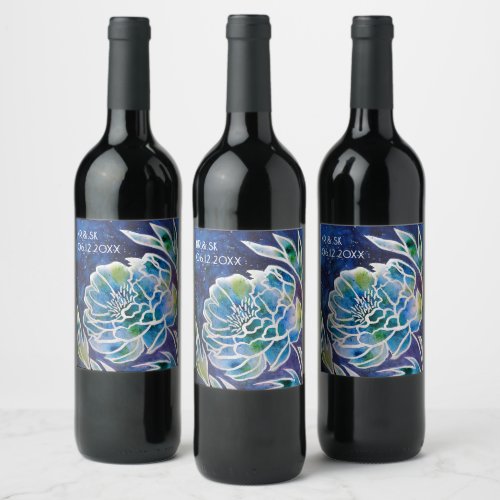  Blue Dahlia Handmade Navy Teal Floral Watercolor  Wine Label