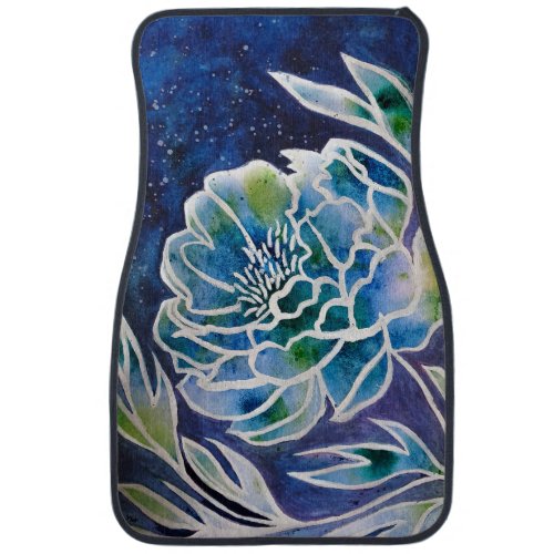 Blue Dahlia Navy Teal Celestial Floral Watercolor  Car Floor Mat