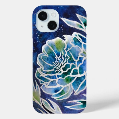 Blue Dahlia Navy Teal Celestial Floral Watercolor  iPhone 15 Case