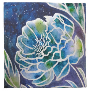 Blue Dahlia Navy Teal Celestial Floral Watercolor Cloth Napkin