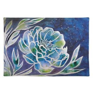 Blue Dahlia Navy Teal Celestial Floral Watercolor Cloth Placemat