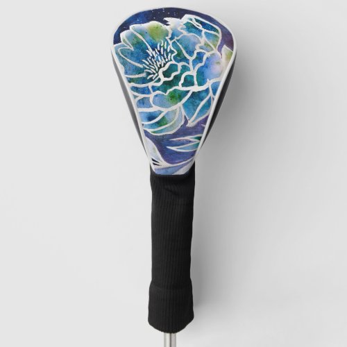 Blue Dahlia Navy Teal Celestial Floral Watercolor  Golf Head Cover