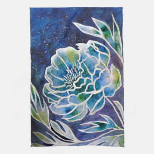 Blue Dahlia Navy Teal Celestial Floral Watercolor Kitchen Towel