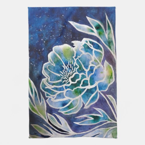 Blue Dahlia Navy Teal Celestial Floral Watercolor  Kitchen Towel