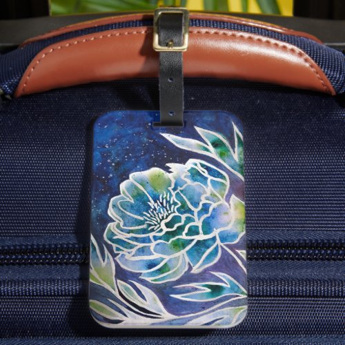 Blue Dahlia Navy Teal Celestial Floral Watercolor  Luggage Tag