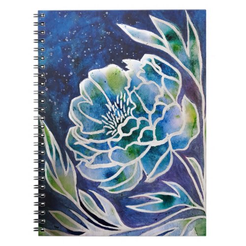 Blue Dahlia Navy Teal Celestial Floral Watercolor  Notebook