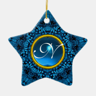 BLUE DAHLIA SAPPHIRE MONOGRAM Star Ceramic Ornament
