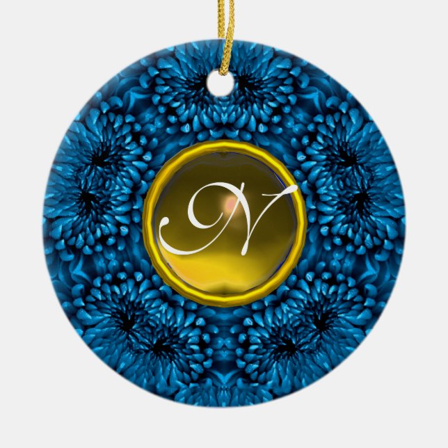 BLUE DAHLIA YELLOW TOPAZ MONOGRAM CERAMIC ORNAMENT (Front)