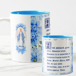Blue Dahlias Ave Maria Latin Virgin Mary Two-Tone Coffee Mug