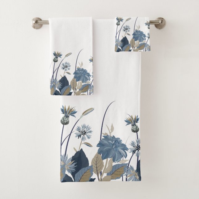 Blue Dahlias Cornflower Bath Towel Set (Insitu)