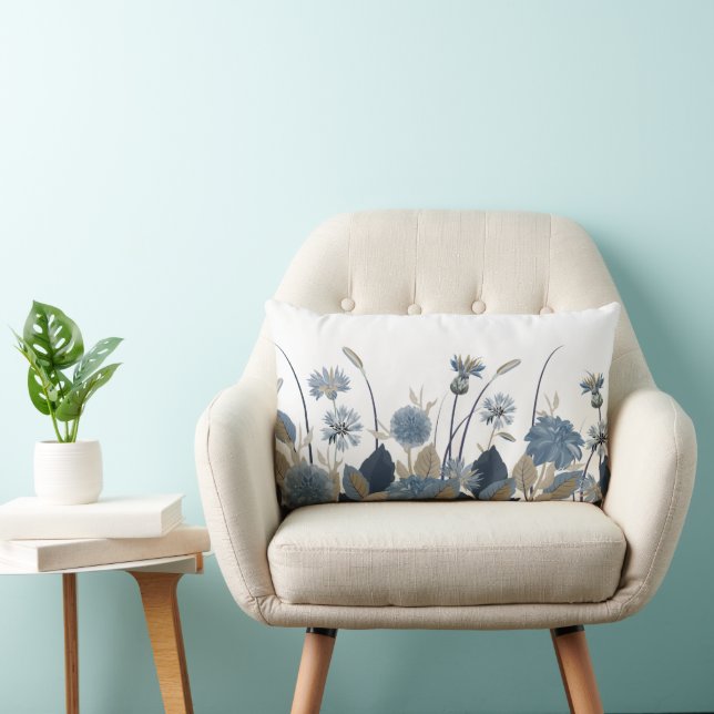 Blue Dahlias Cornflower Lumbar Pillow (Chair)