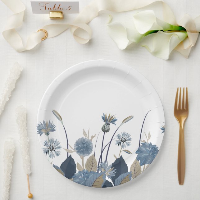 Blue Dahlias Cornflower Paper Plates (Wedding)