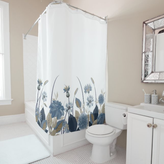 Blue Dahlias Cornflower Shower Curtain (In Situ)