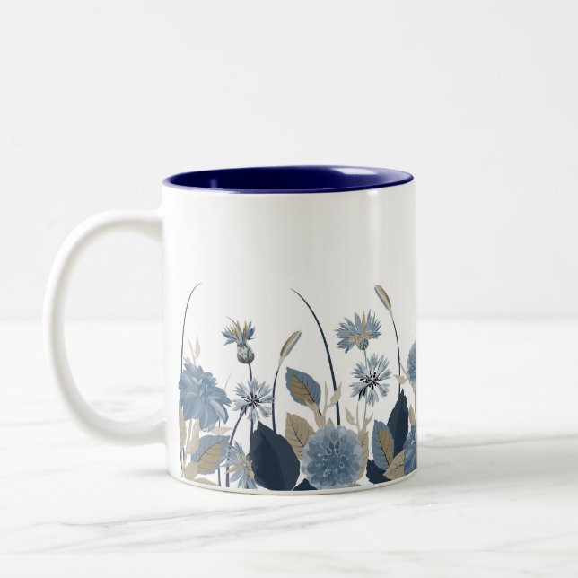 Blue Dahlias Cornflower Two-Tone Coffee Mug (Left)