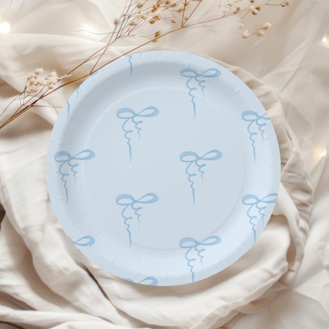 Blue dainty bow pattern boy baby shower paper plates (Creator Uploaded)
