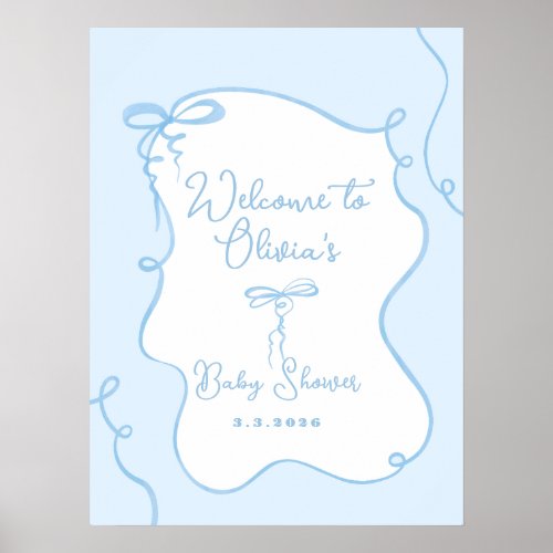 Blue dainty wavy bow baby shower welcome poster