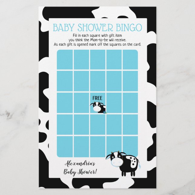 Blue Dairy Cow Baby Shower Bingo Game (Front)