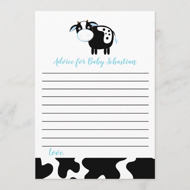Blue Dairy Cow Boy Baby Shower Advice Cards (Front)