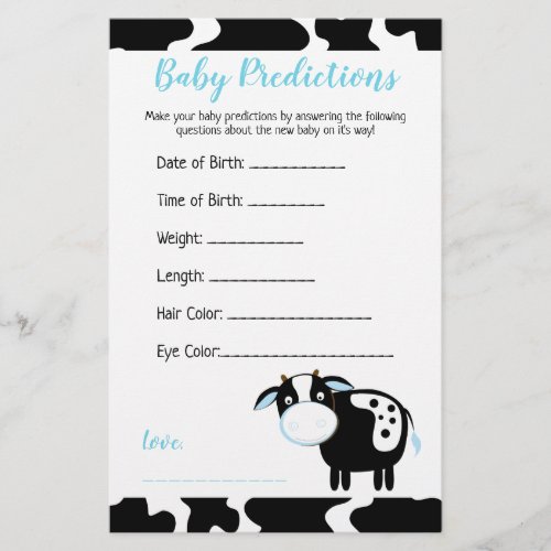 Blue Dairy Cow Farm Baby Shower Predictions Card