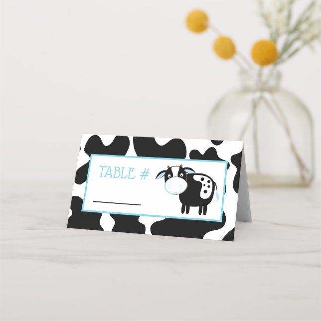 Blue Dairy Cow Farm Baby Shower Table Cards (Front)