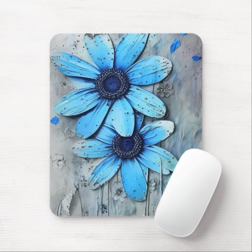 Blue Daisies Distressed Grungy Daisy Flower Mouse Pad