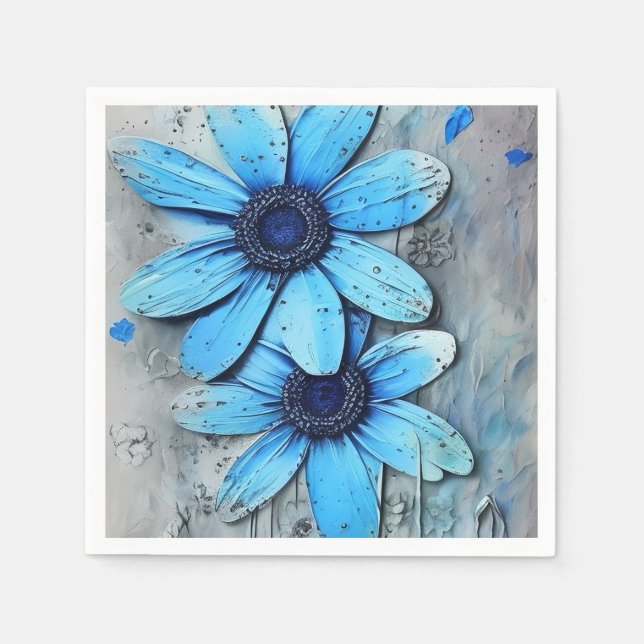 Blue Daisies Distressed Grungy Daisy Flower Napkins (Front)