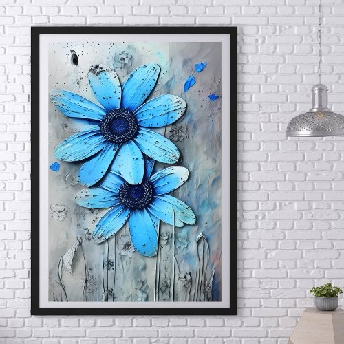 Blue Daisies Distressed Grungy Daisy Flower Poster