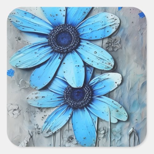 Blue Daisies Distressed Grungy Daisy Flower Square Sticker